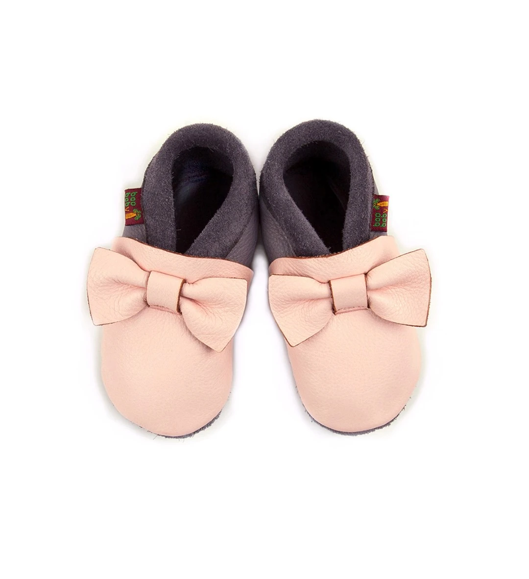 Cute shoes with little bows for your little girls. Super comfortable, ideal for crawling, first steps and children up to 3 years old. Soft soles support natural feet development and barefoot walking. Made of genuine premium, vegetable-tanned leather, safe — slika 3